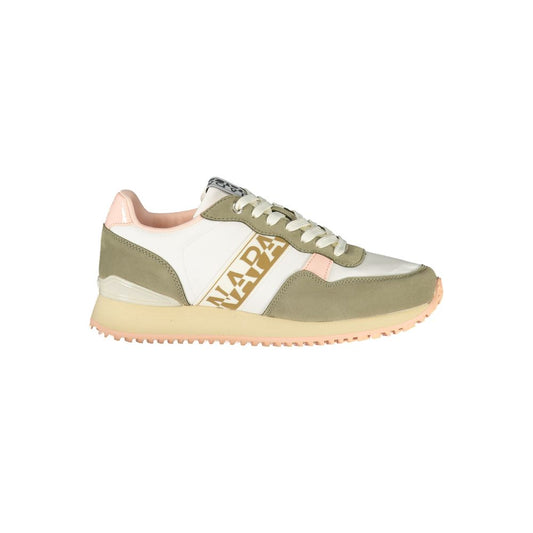 Napapijri women's white polyester and suede sneaker in olive green and pale pink, featuring a casual athletic style.