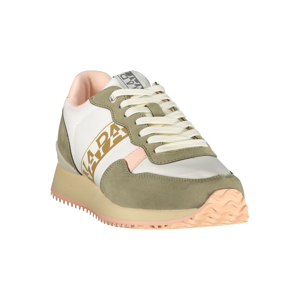 Napapijri Bianco women’s sneaker in white, olive, and pink polyester with a sporty design and logo detailing.