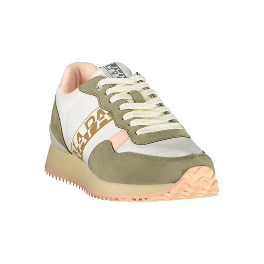 Napapijri Bianco women’s sneaker in white, olive, and pink polyester with a sporty design and logo detailing.
