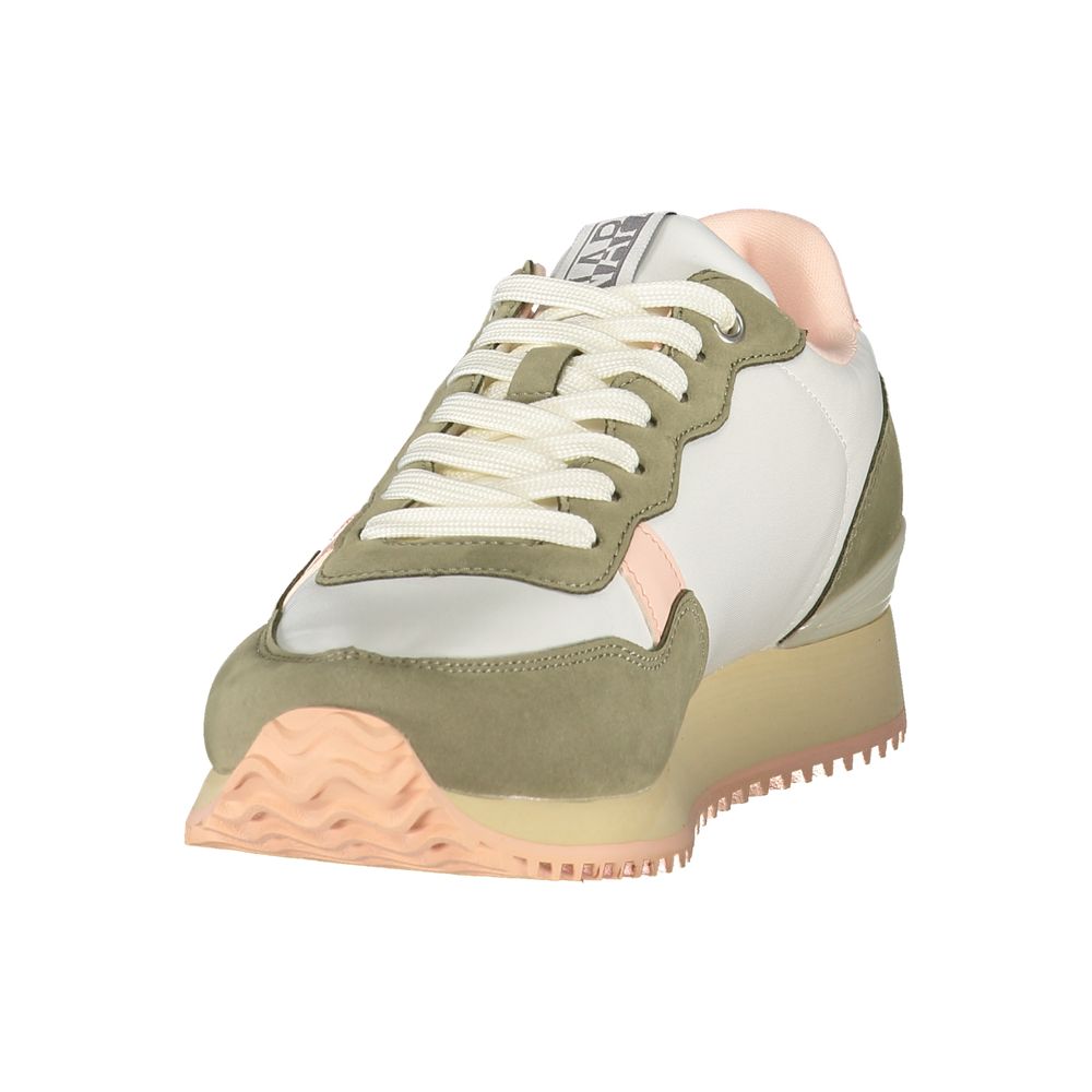 Napapijri white polyester women's sneaker with olive suede accents and a pastel pink platform sole.
