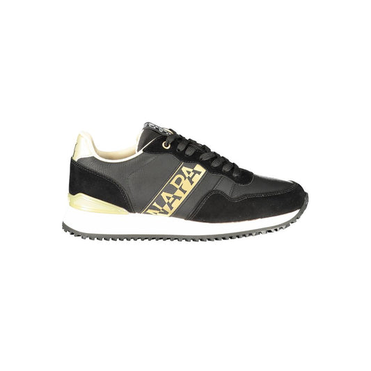 Napapijri black and gold polyurethane and suede women's lace-up sneaker with white midsole.