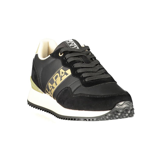 Black and gold Napapijri polyurethane women's sneaker with suede accents and a white rubber sole.
