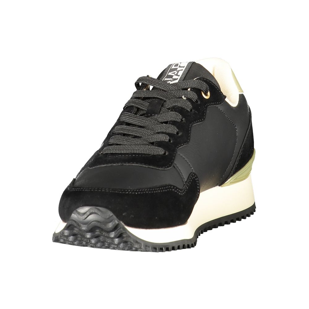 Napapijri black polyurethane and suede women's sneaker with a thick cream platform sole and sporty casual style.