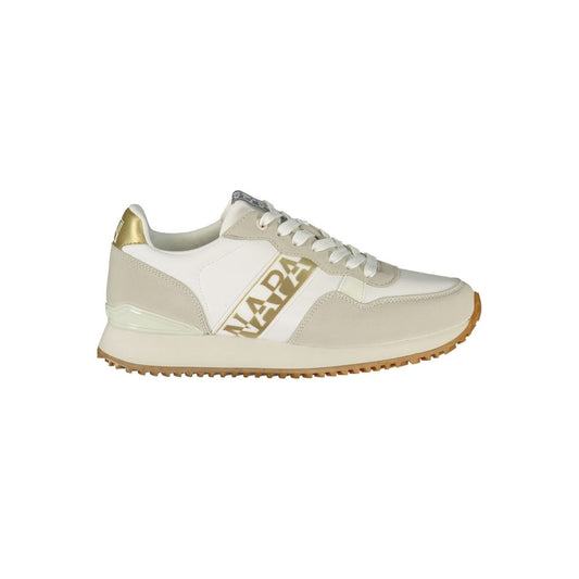Napapijri white polyurethane women's sneaker with gold branding and a casual athletic design.
