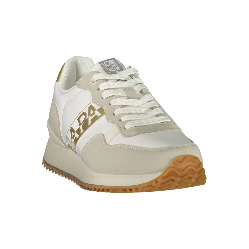 White Napapijri polyurethane women's sneaker with gold side branding and a textured gum rubber sole.