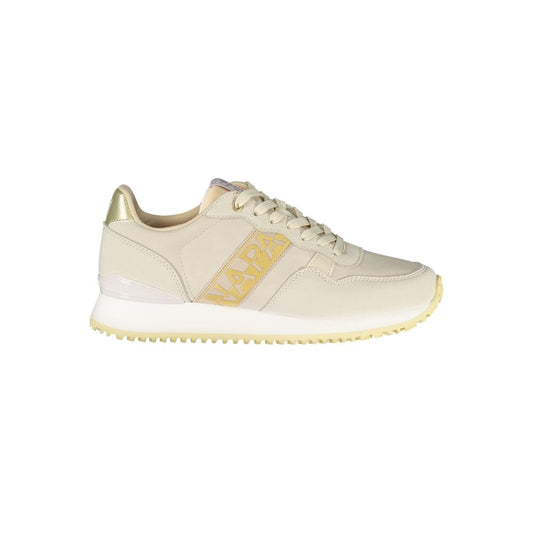 Napapijri women’s casual polyester sneaker in beige with gold metallic logo detail and a textured white sole.