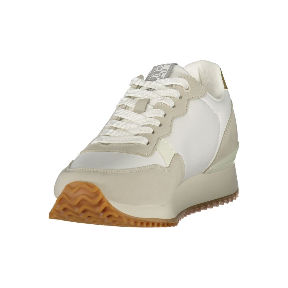 White Napapijri women’s polyurethane sneakers with a sporty lace-up style and a wavy gum rubber sole.