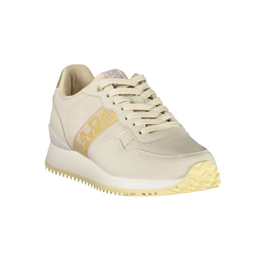 Cream-colored Napapijri polyester women's sneaker with a textured yellow sole and matching side logo.
