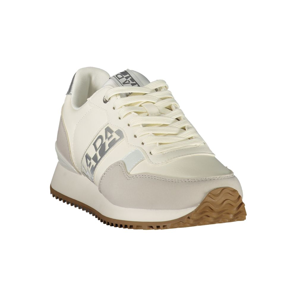 White Napapijri polyester women’s sneaker with a sporty silhouette and a wavy brown rubber sole.
