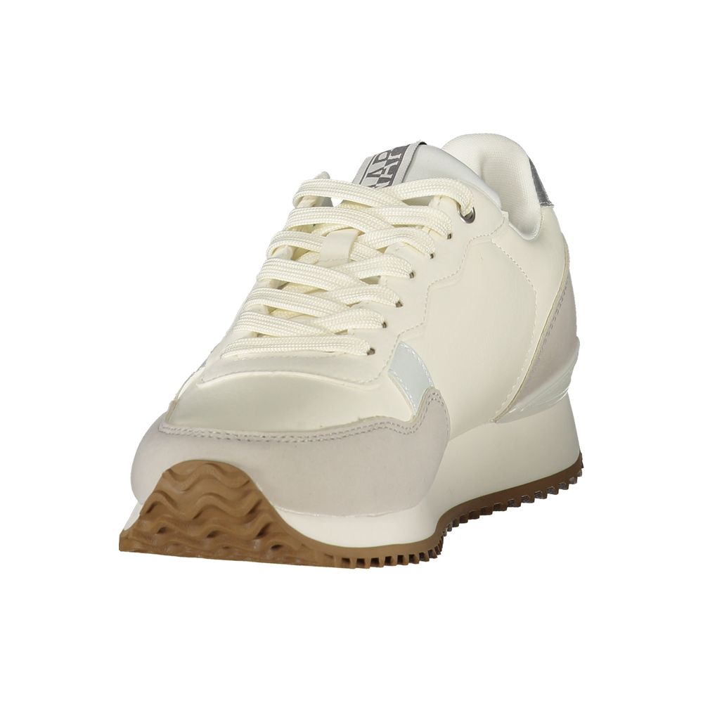 Napapijri women’s white polyester sneaker with a casual low-top style and a brown rubber sole.