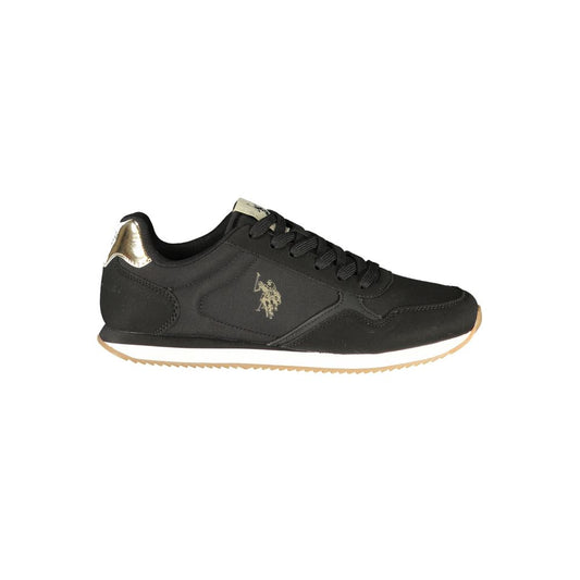 Black polyurethane women's sneaker by U.S. Polo Assn. with gold logo, metallic heel detail, and white rubber sole.