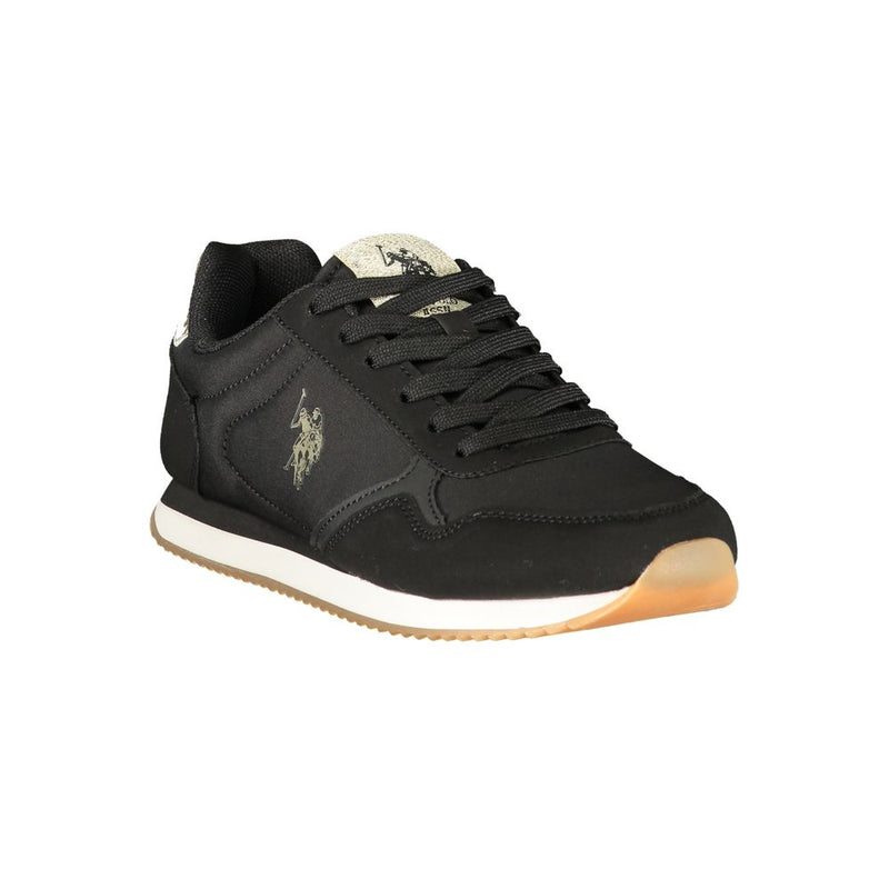 U.S. POLO ASSN. women's black polyurethane sneaker with lace-up closure, gold logo, and gum rubber sole.