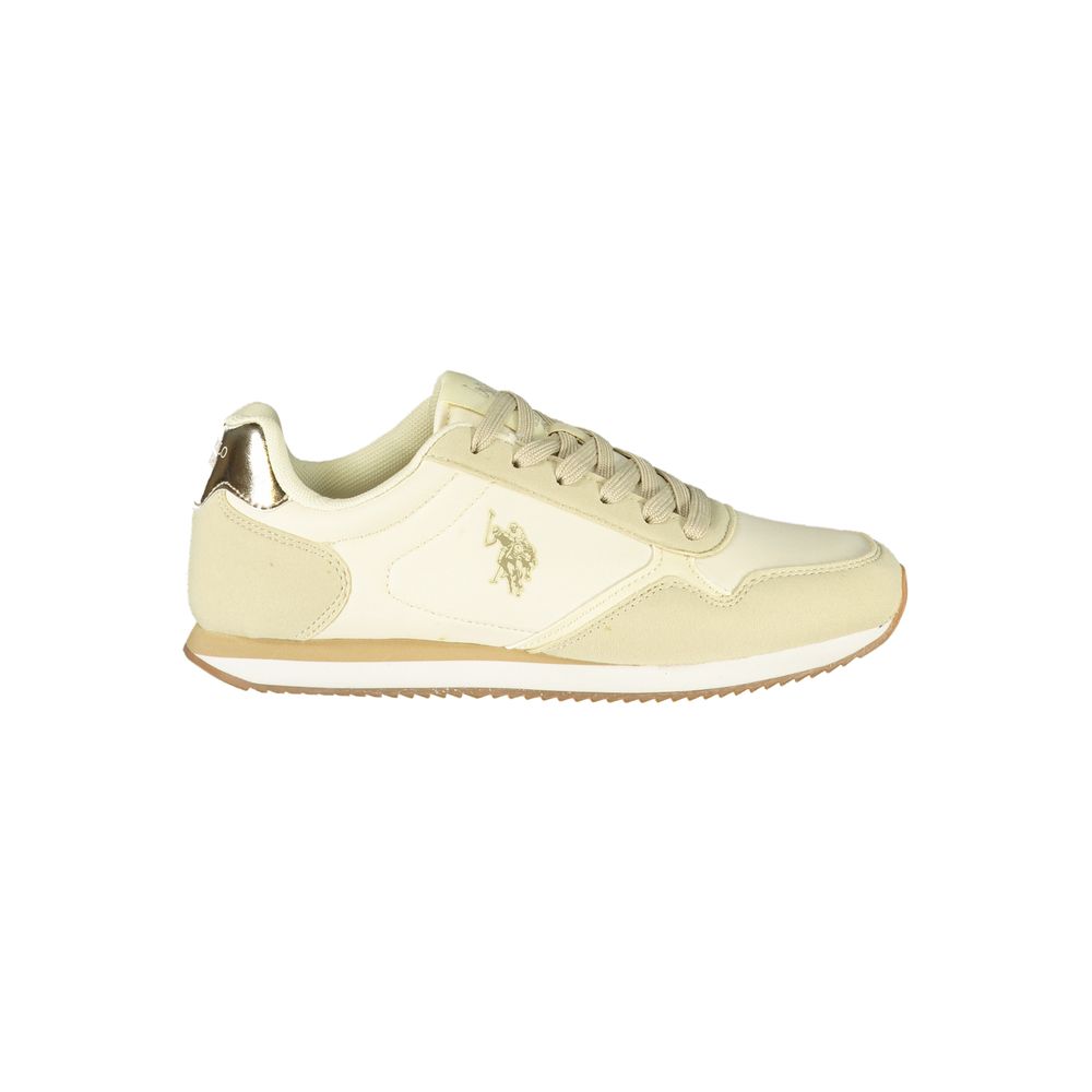 Beige polyurethane U.S. Polo Assn. women's lace-up sneaker with metallic gold accents and logo detail.