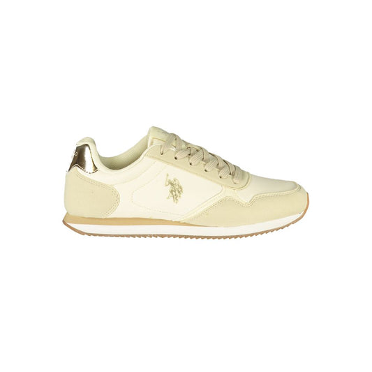 Beige polyurethane U.S. Polo Assn. women's lace-up sneaker with metallic gold accents and logo detail.