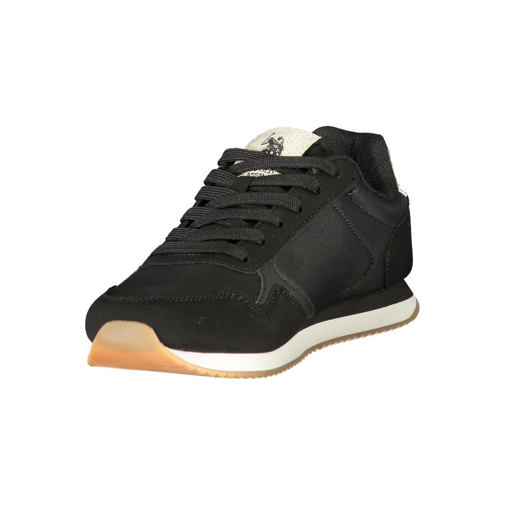 U.S. Polo Assn. black polyurethane women's sneaker with lace-up design, white midsole, and gum rubber outsole.