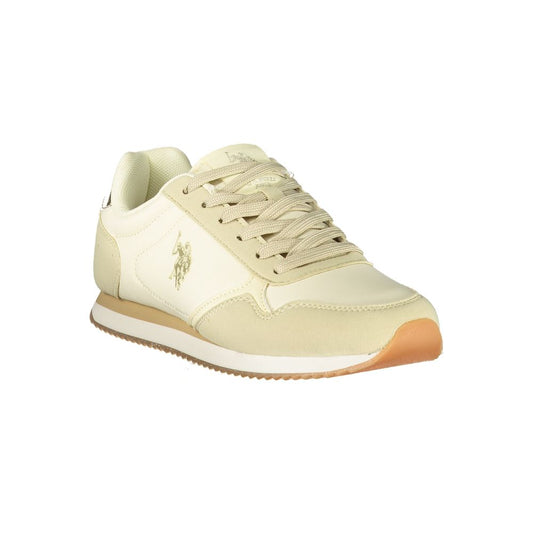 Beige polyurethane U.S. Polo Assn. women’s lace-up sneaker with a flat rubber sole and gold logo detail.