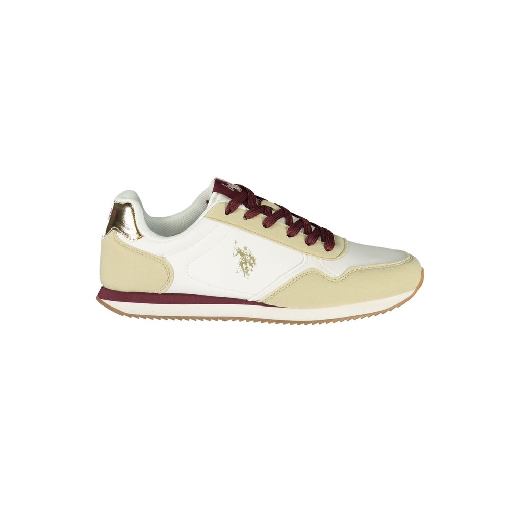 U.S. POLO ASSN. white and beige polyurethane women's sneaker with burgundy laces and gold logo detail.
