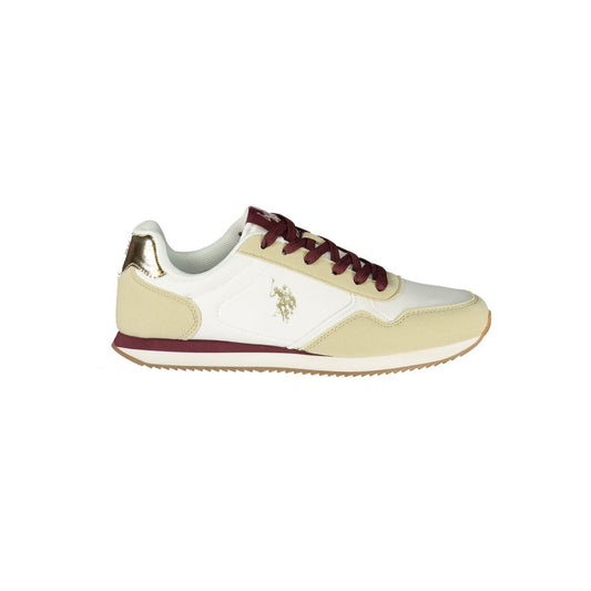 U.S. POLO ASSN. white and beige polyurethane women's sneaker with burgundy laces and gold logo detail.