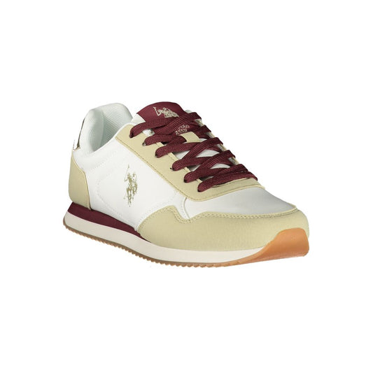 U.S. Polo Assn. white and beige polyurethane women's sneaker with burgundy laces and logo detailing.