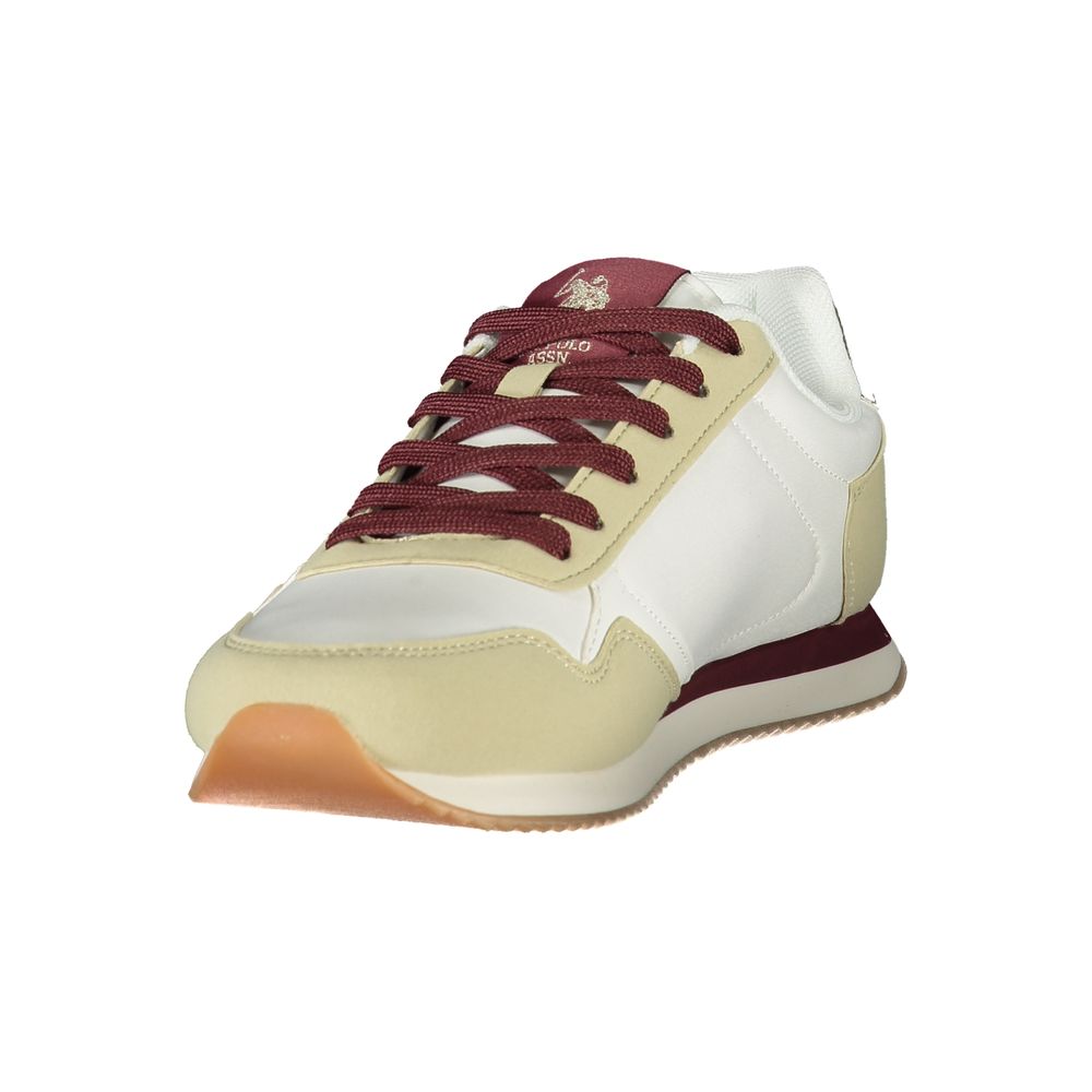 U.S. Polo Assn. white polyurethane women's sneaker with cream accents, maroon laces, and a gum sole.