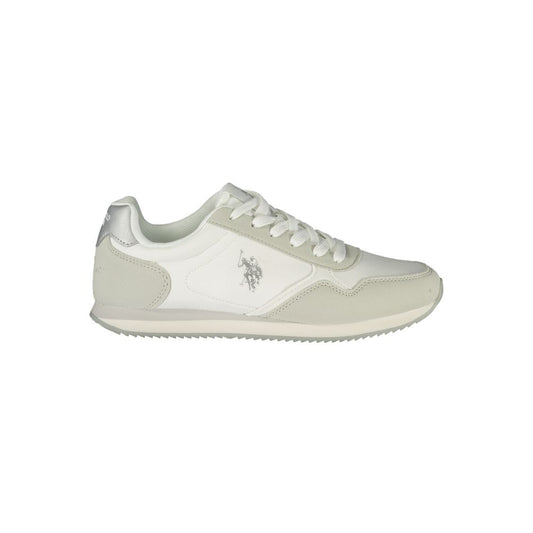 U.S. POLO ASSN. white polyurethane women's lace-up sneaker with grey suede-style trim and side logo detail.