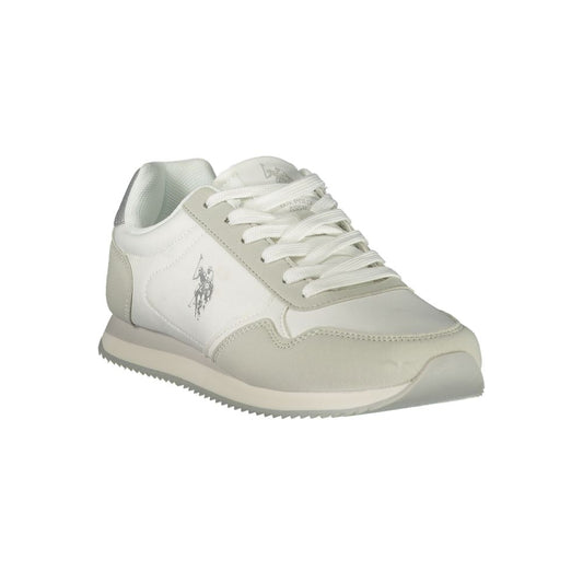 White polyurethane U.S. Polo Assn. women's sneaker with lace-up closure and logo detail.