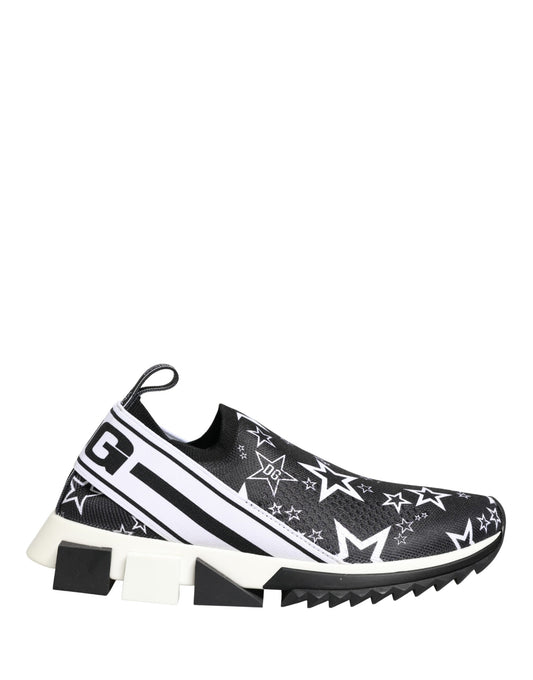 Dolce & Gabbana black and white star-print knit slip-on Sorrento sneaker with chunky white and black rubber sole.