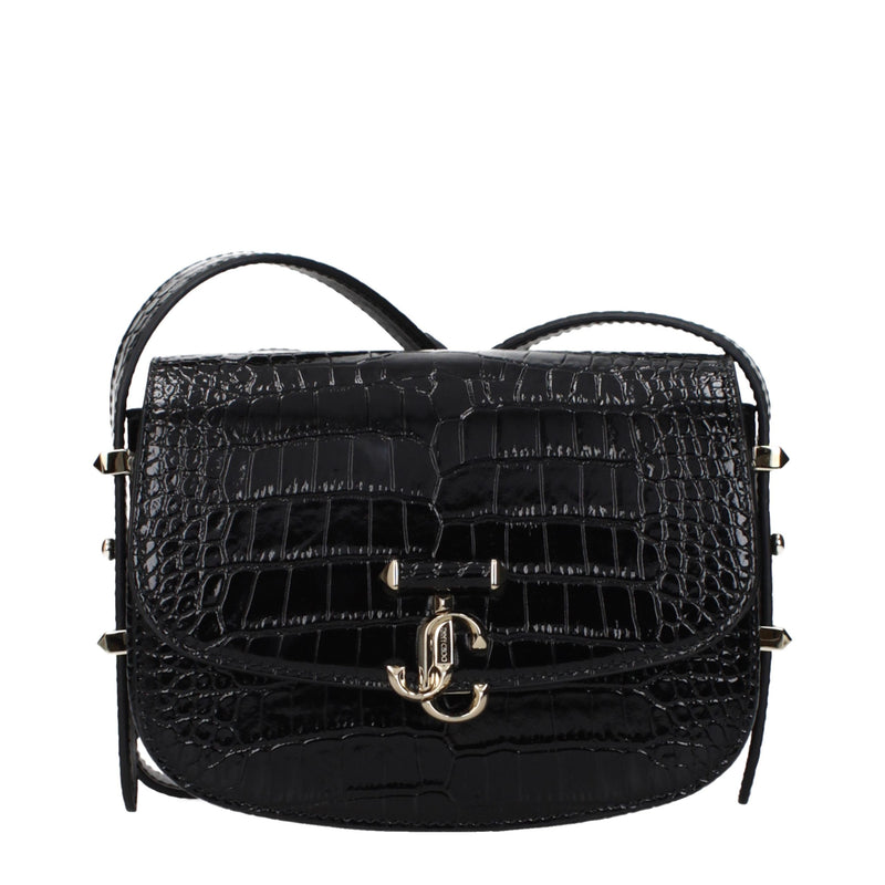 Black embossed leather crossbody bag with silver hardware and front logo clasp