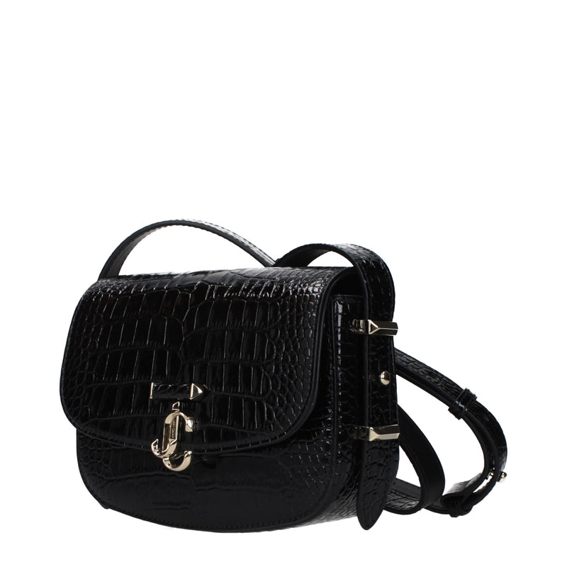 Black crocodile embossed leather crossbody bag with silver hardware and front clasp