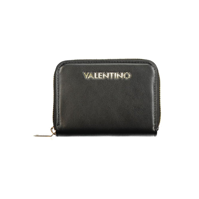 Black polyurethane zip-around women's wallet with gold Valentino logo
