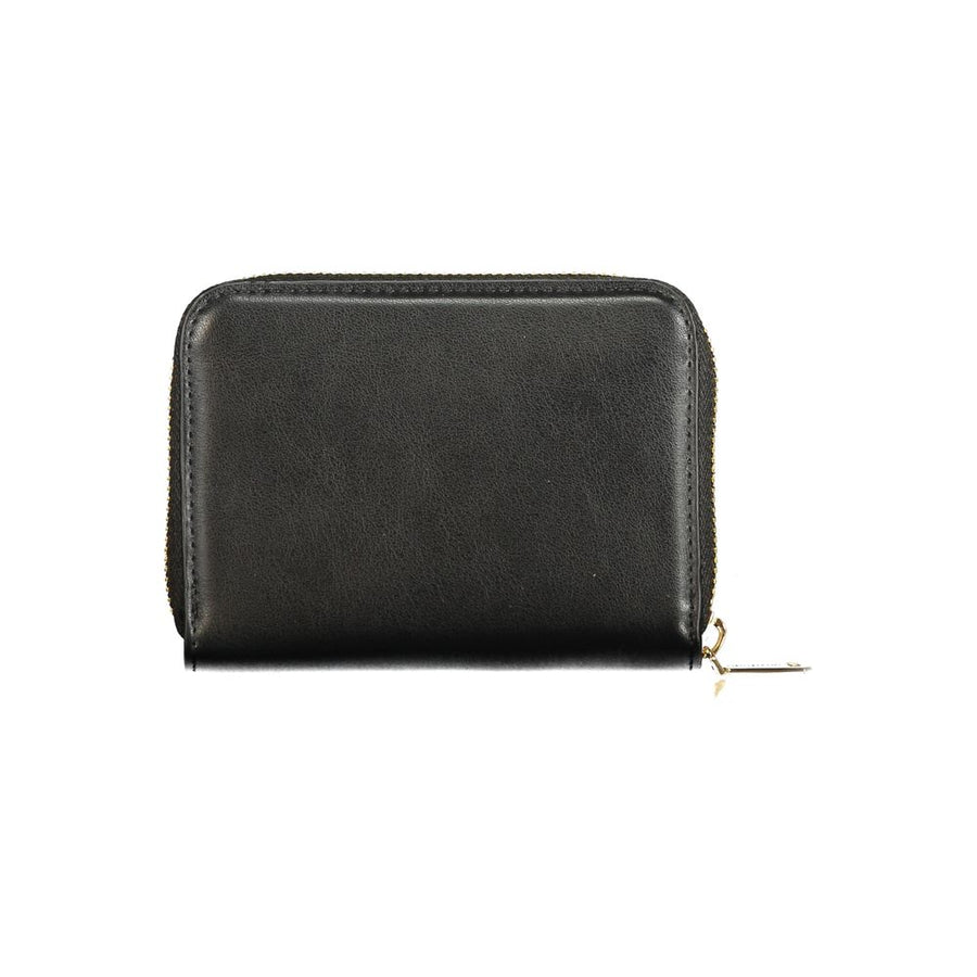 Black polyurethane zip-around women's wallet with gold Valentino logo