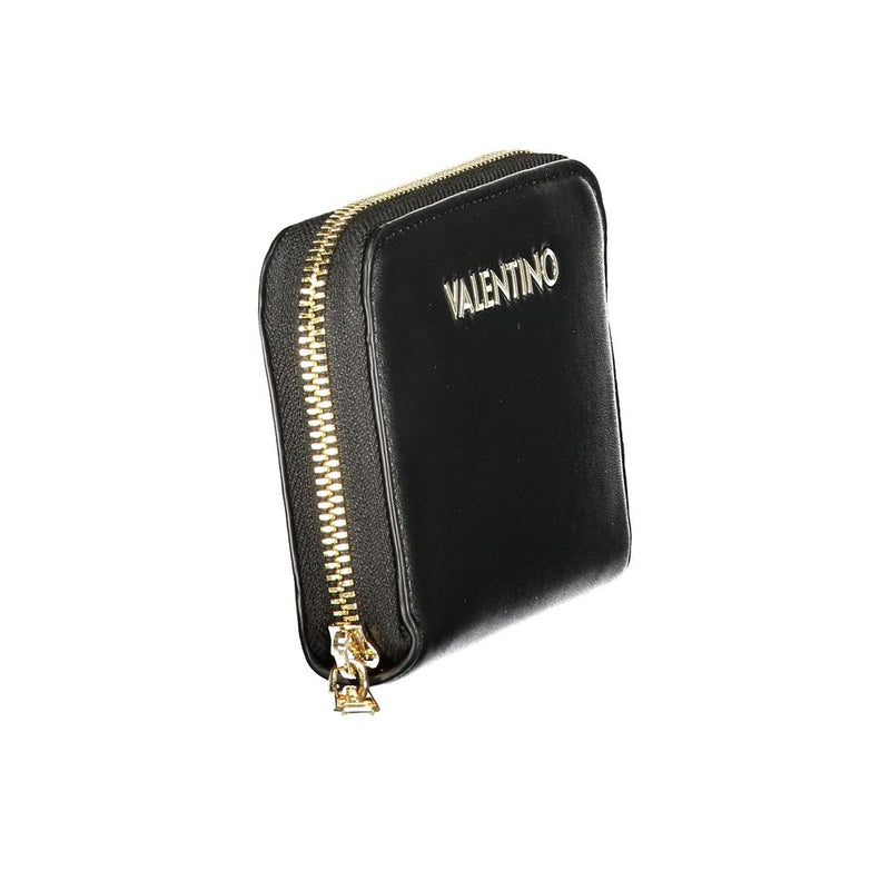 Black polyurethane women's wallet with gold zip-around closure and gold Valentino lettering on the front