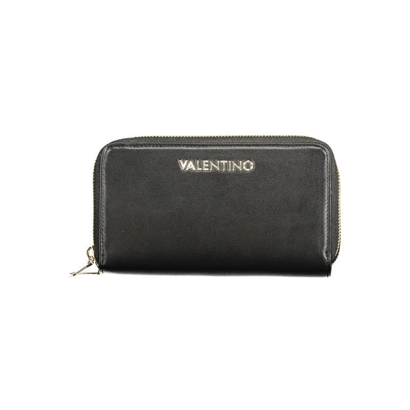 Black polyurethane women's zip-around wallet with gold hardware and logo
