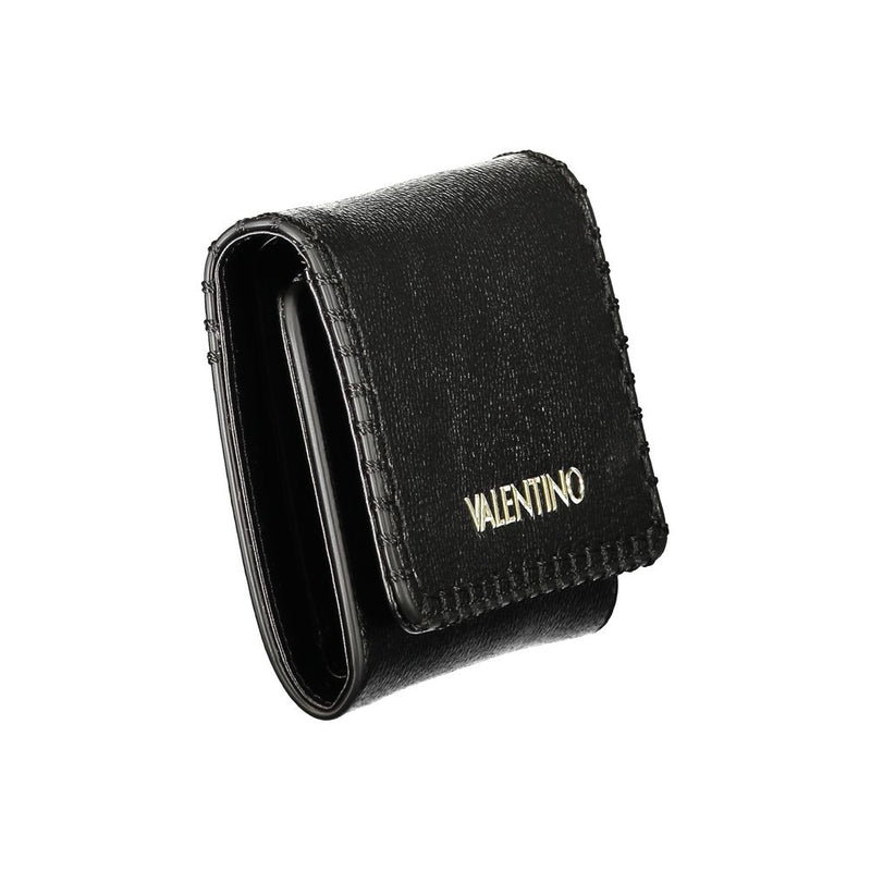 Compact black leather wallet with a textured finish and gold Valentino logo on the front fold