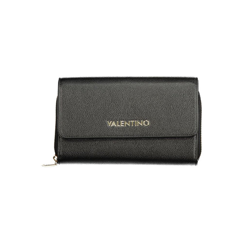 Black pebbled faux leather wallet with a front flap and gold Valentino logo lettering