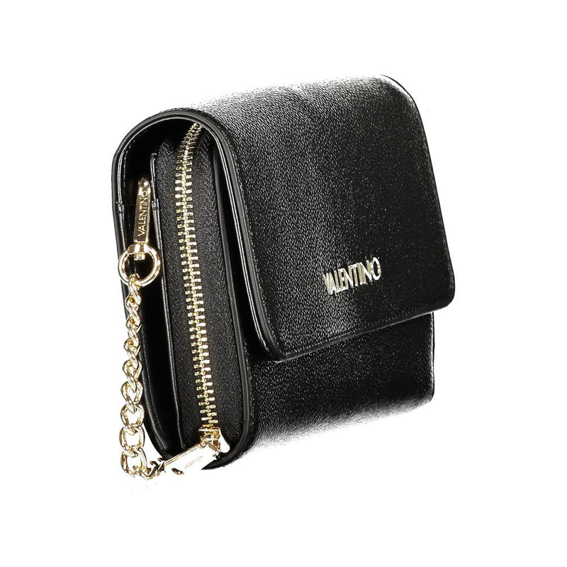 Black polyurethane women's wallet with gold zipper and chain accent