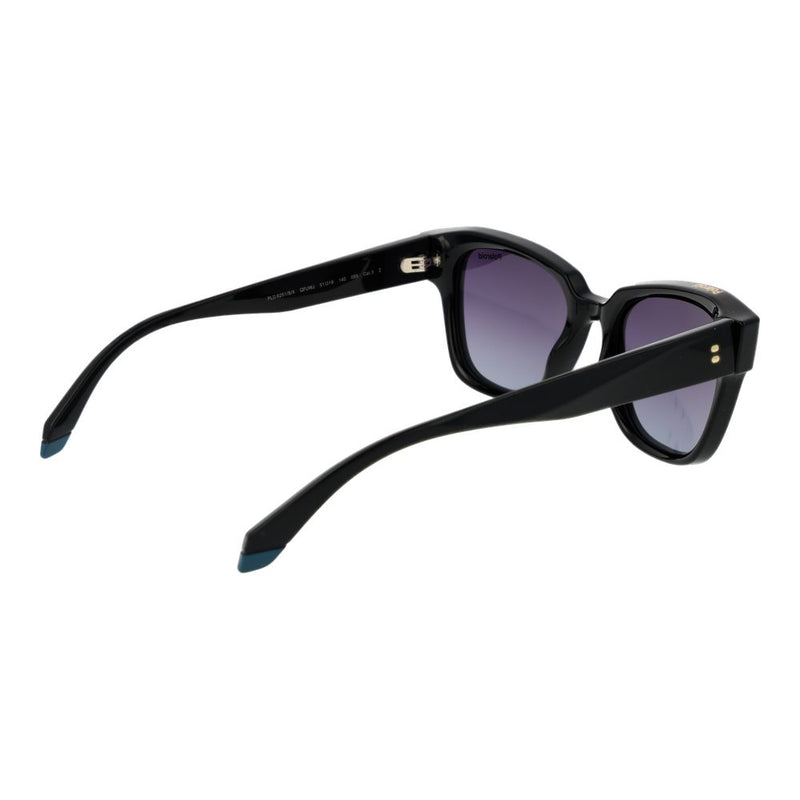 Black polycarbonate sunglasses with thick frames and gradient tinted lenses shown from a three-quarters angle