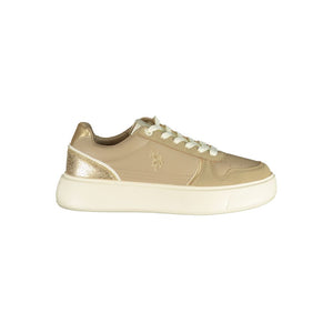 Beige polyurethane women's sneaker by U.S. Polo Assn. with lace-up closure and metallic gold heel detail.