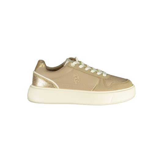 Beige polyurethane women's sneaker by U.S. Polo Assn. with lace-up closure and metallic gold heel detail.