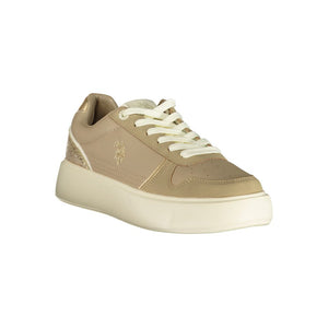 Beige polyurethane women's platform sneaker with a lace-up design and gold logo accents.