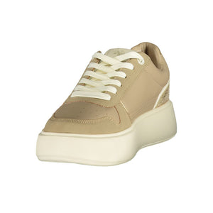 Beige polyurethane women’s platform sneaker with white laces and gold-tone metallic detailing on the heel.
