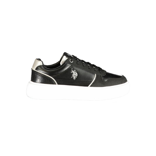 Black polyurethane women's sneaker by U.S. Polo Assn. featuring a thick white platform sole and logo detailing.