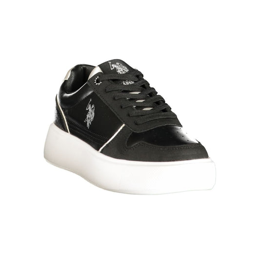 U.S. Polo Assn. black polyurethane women's lace-up sneaker with a thick white platform sole and side logo.