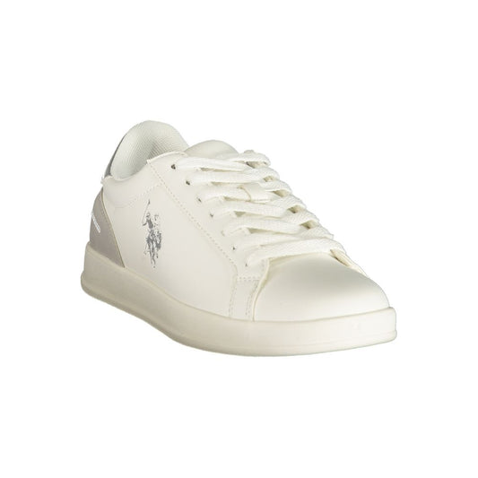 White polyurethane U.S. Polo Assn. women’s lace-up sneaker with silver logo and heel detail.