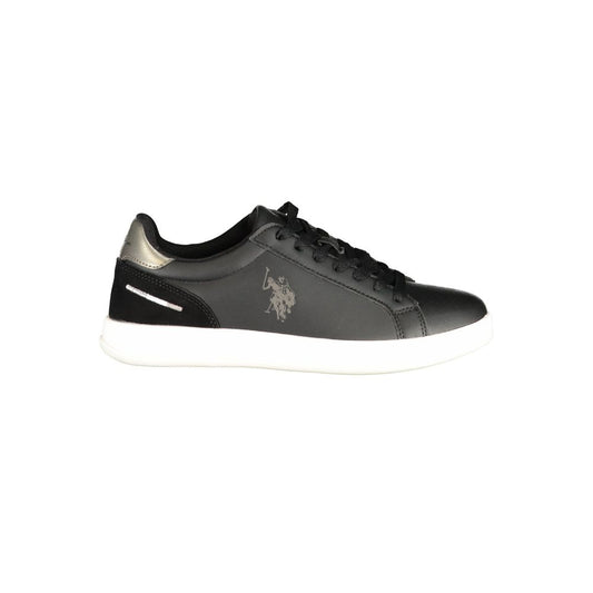 Black polyurethane women's lace-up sneaker by U.S. Polo Assn. with white sole and metallic heel detail.