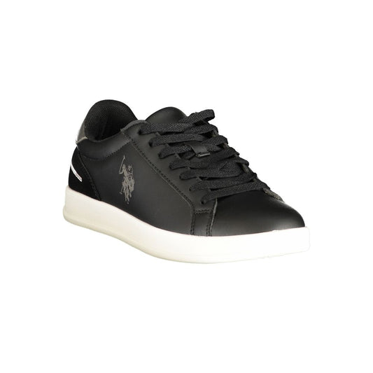 Black polyurethane U.S. Polo Assn. women's sneaker with a lace-up design and white rubber sole.