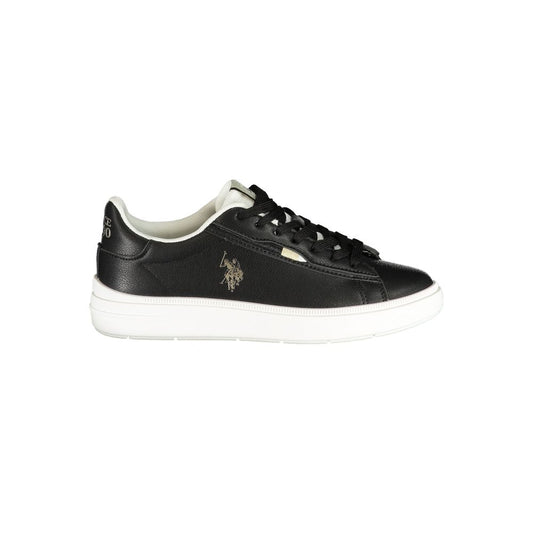 Black polyurethane women's lace-up sneaker with white sole and U.S. Polo Assn. branding.
