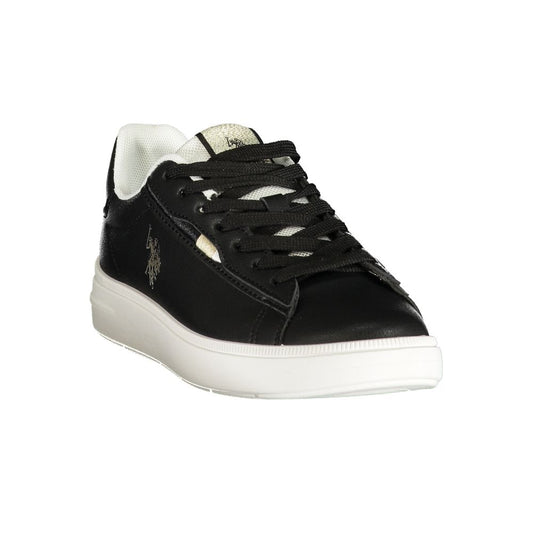 Black polyurethane U.S. Polo Assn. women's sneaker with white platform sole, lace-up style, and logo branding.