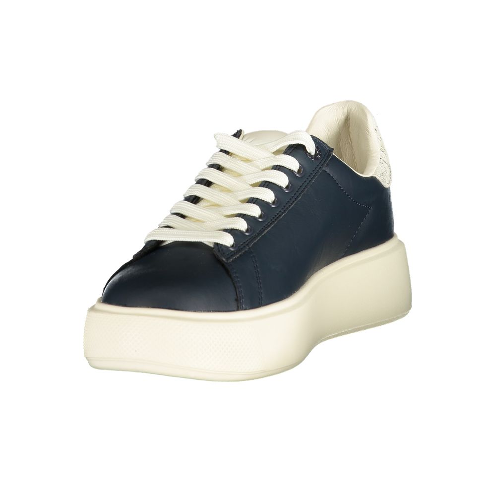U.S. POLO ASSN. navy blue polyurethane platform sneaker with white laces and a thick cream-colored rubber sole.