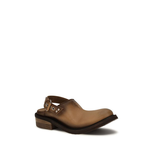 Miu Miu brown calf leather mule with a round toe, slingback strap, metallic hardware, and a low block heel.